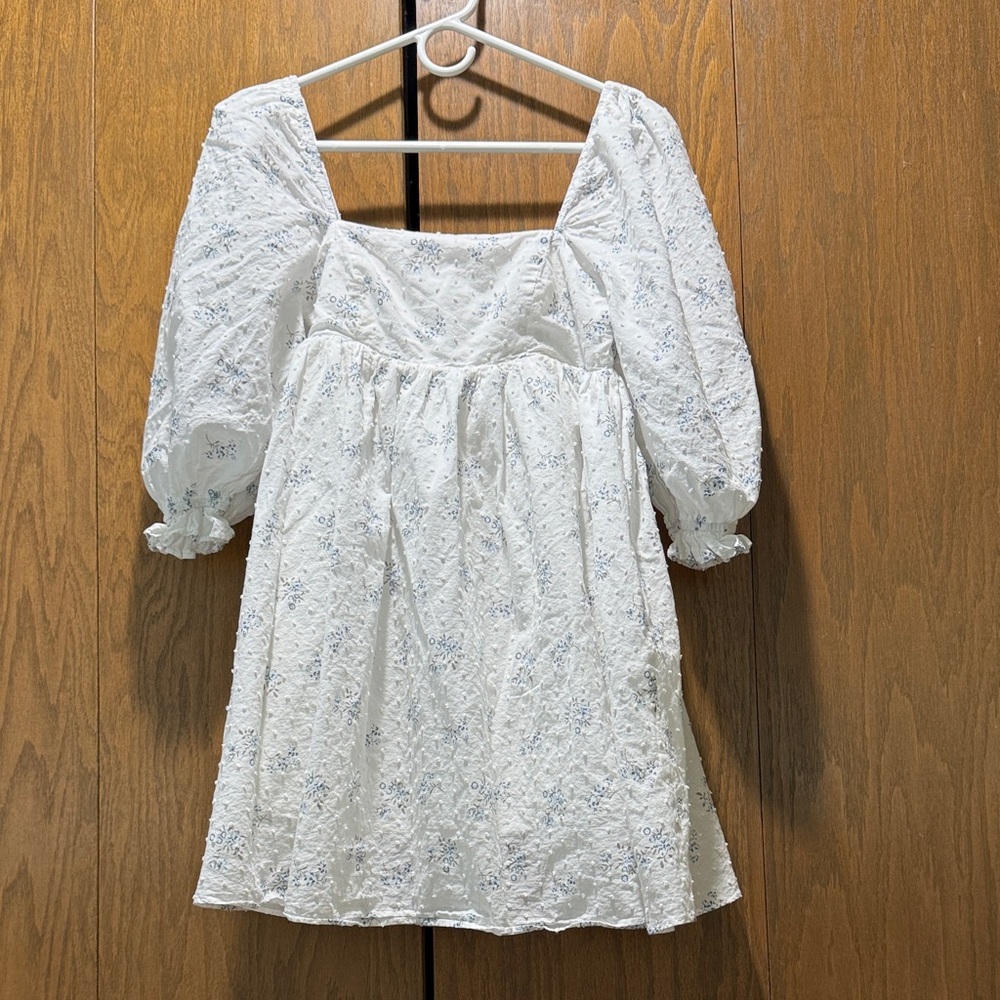 Storia White Dress with Blue Floral Accents